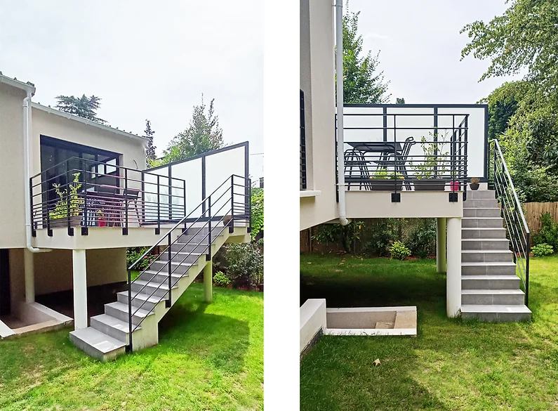 Aménagement de la terrasse avec escalier donnant sur le jardin d'une maison individuelle à Verrières le Buisson, Essonne, 91
