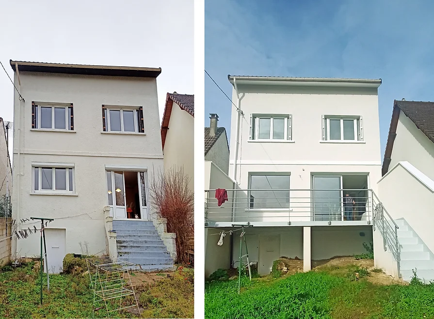 Création d'une terrasse Avant et Après travaux  dans le cadre d'une Rénovation et réaménagement d'une maison à Palaiseau (Essonne)