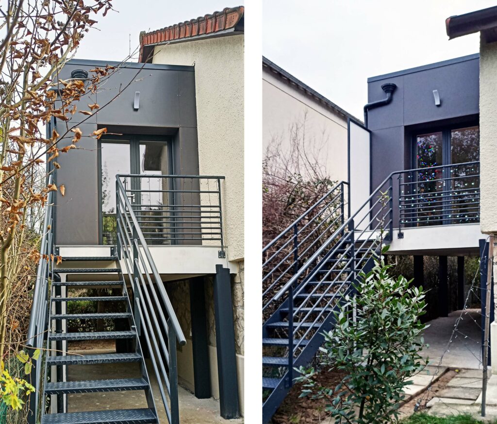 Extension façade arrière avec accès au jardin depuis un escalier métallique
